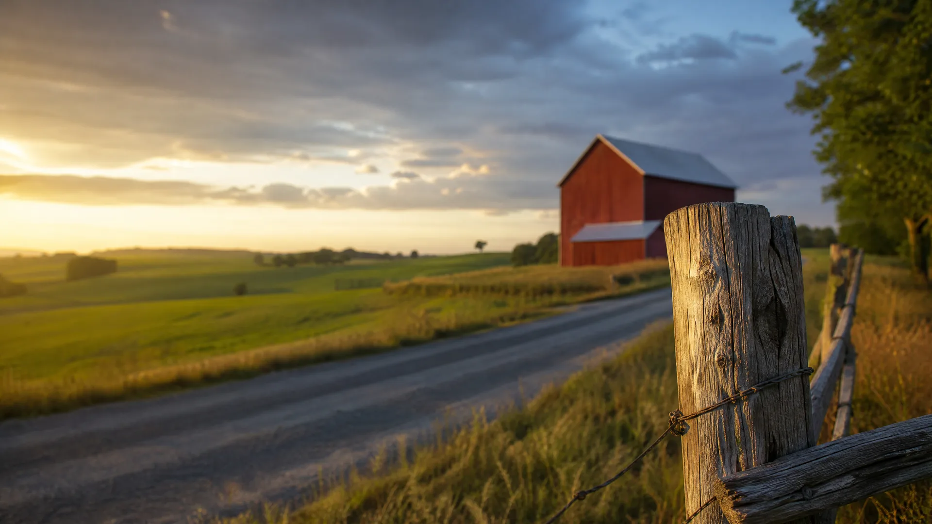 A weathered wooden fence post with wire in sharp foreground focus beside a dirt road leading past green fields toward a red barn with a light-colored roof under a cloudy sky at sunset.